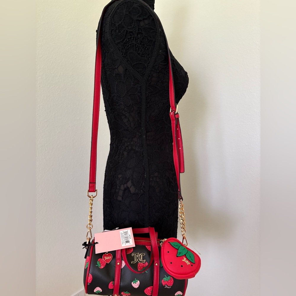 NWT juicy couture black/red strawberry mini barrel crossbody bag